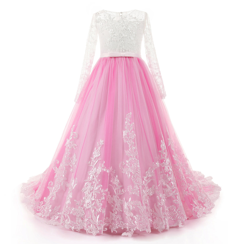 Flowers Girls Dress Applique Tulle Lace Wedding Dress Tea Length Full ...