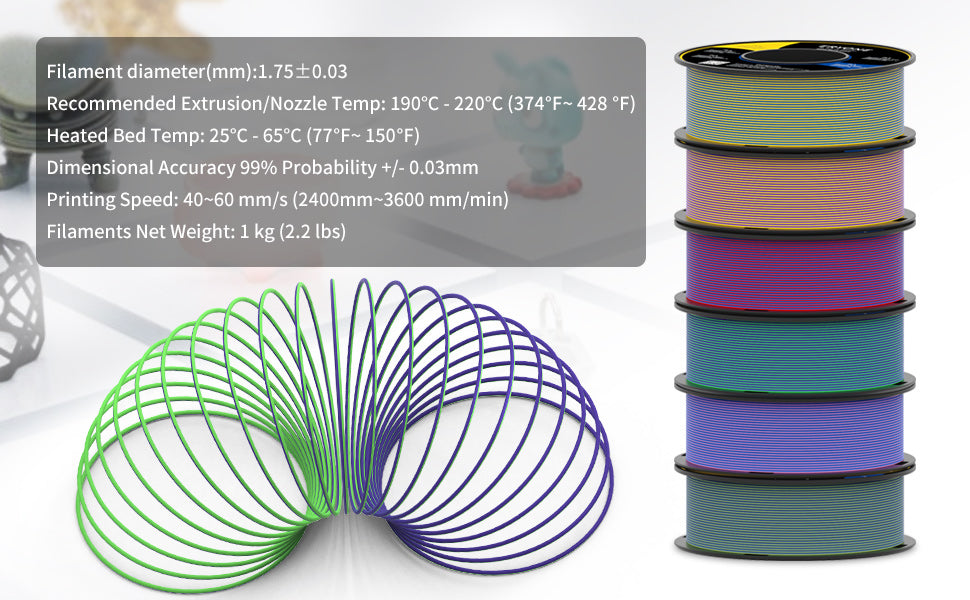 ERYONE 1 Rolle/250 g (insgesamt 4 Rollen/1 kg/2,2 lbs) 1,75 mm mattes, zweifarbiges PLA-Filament, Genauigkeit +/- 0,03 mm (Gelb&Lila; Blau&Gelb; Bule&Lila; Grün&Lila)