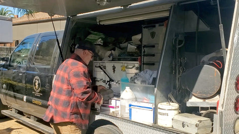Equine veterinarian Dr James Giacopuzzi D.V.M at his truck in Rancho Palos Verdes CA where he takes care of the horses in the area