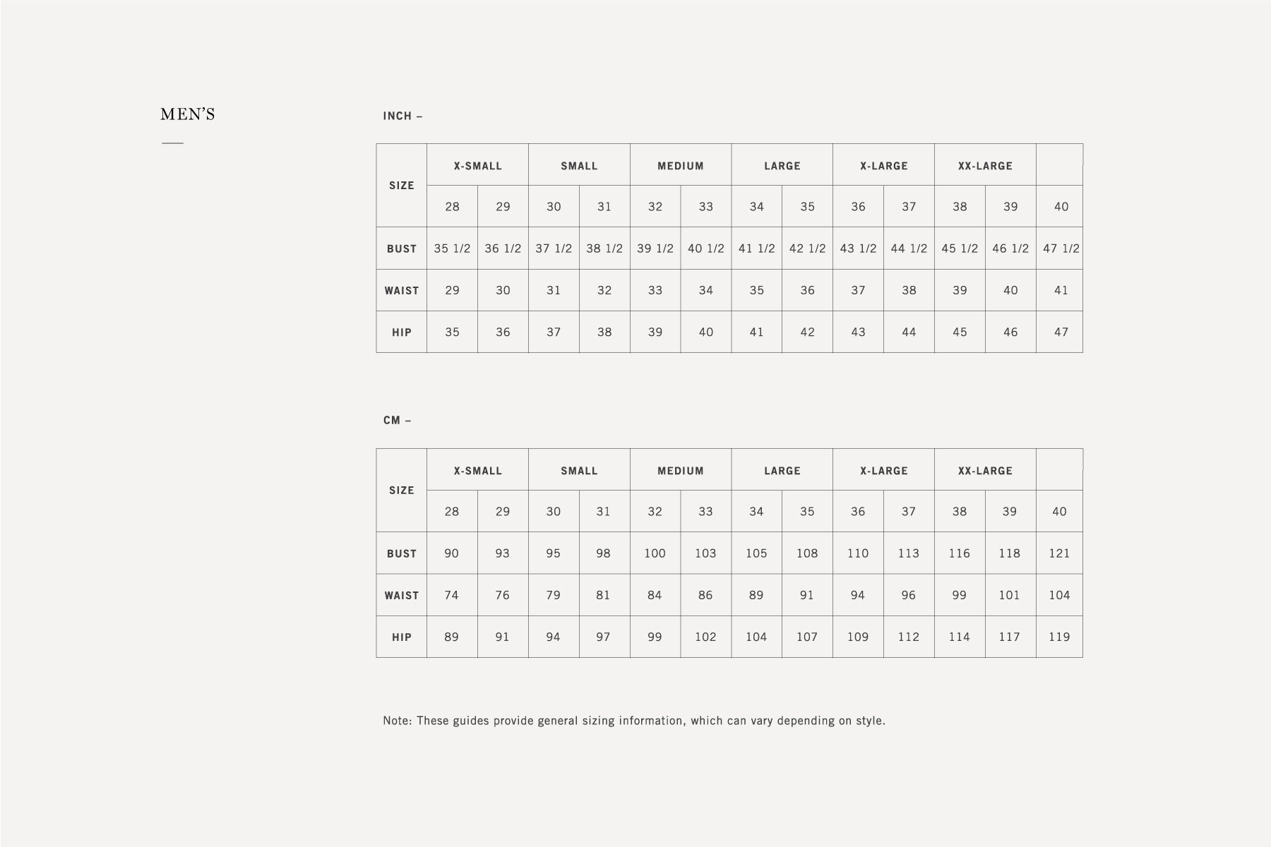 Adams Men S Size Chart