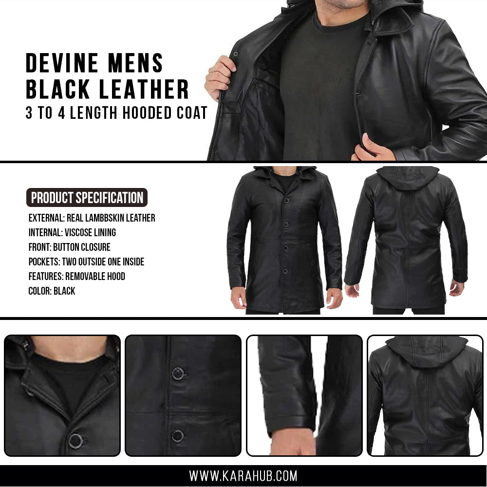 devine mens black leather coat