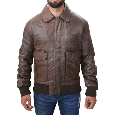 Mens Aviator A2 Brown Bomber Flight Leather Jacket - Kara Hub