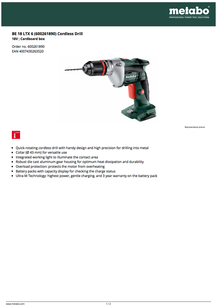 Metabo 600261890 Specs