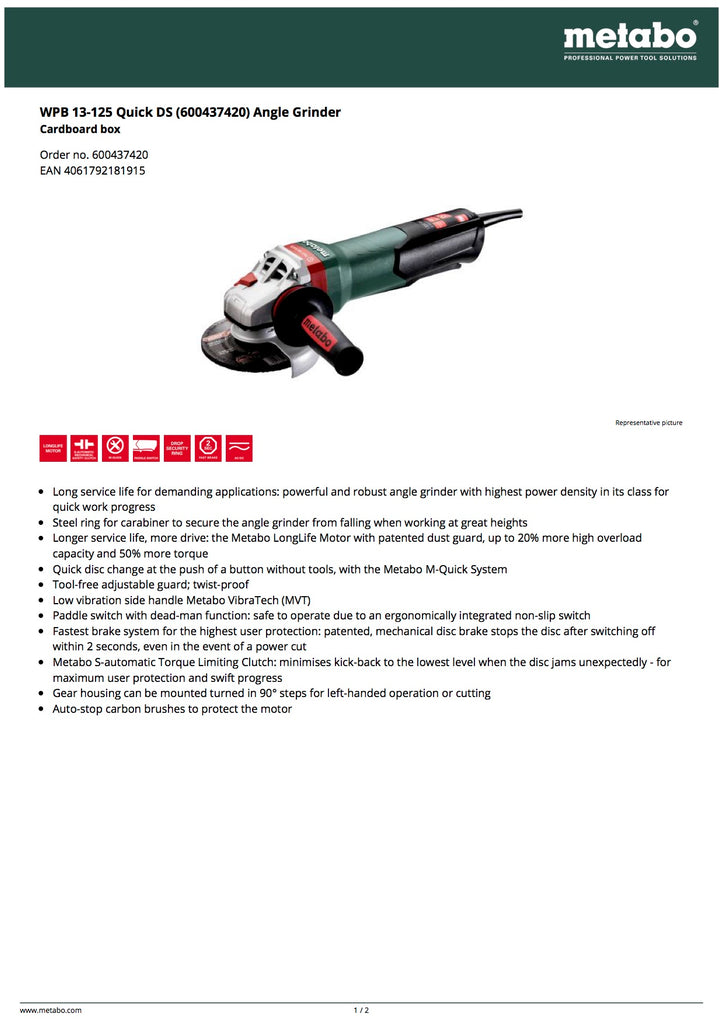 Metabo WPB 13-125 Quick DS 4.5"-5" Angle Grinder w/ Mechanical Disc Brake - 600437420