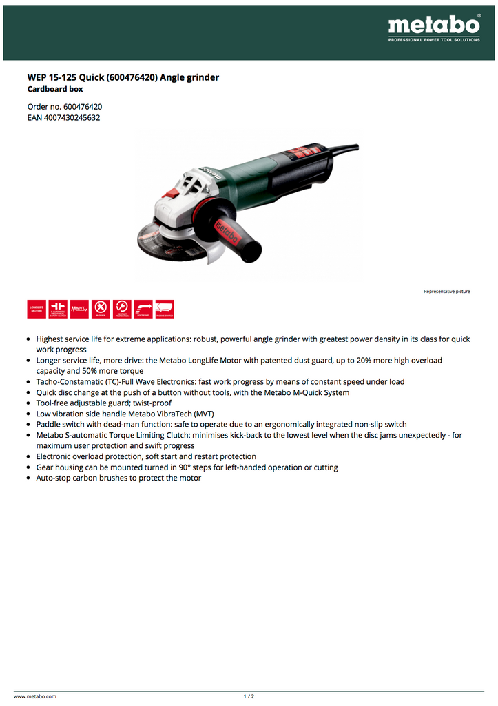 Metabo WEP 15-125 Spec Sheet