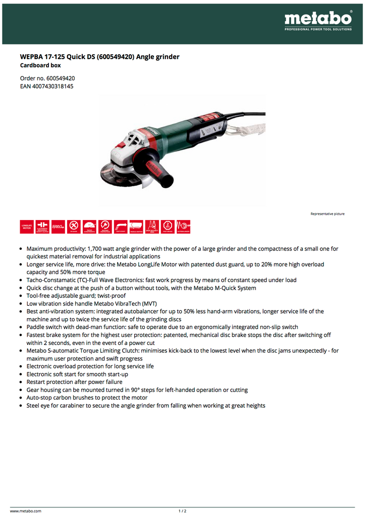 Metabo 600549420 Spec Sheet with Data
