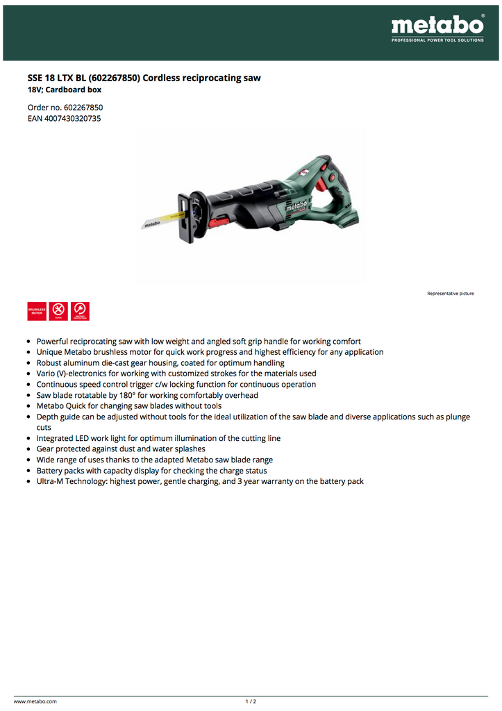 Metabo 602267850 Reciprocating Saw Spec Sheet and Facts