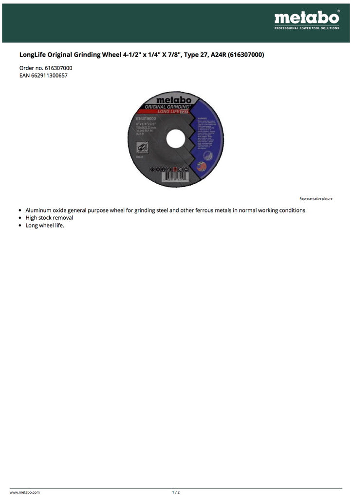 Metabo LongLife Original Grinding Wheel 4-1/2" x 1/4" X 7/8", Type 27, A24R (616307000)