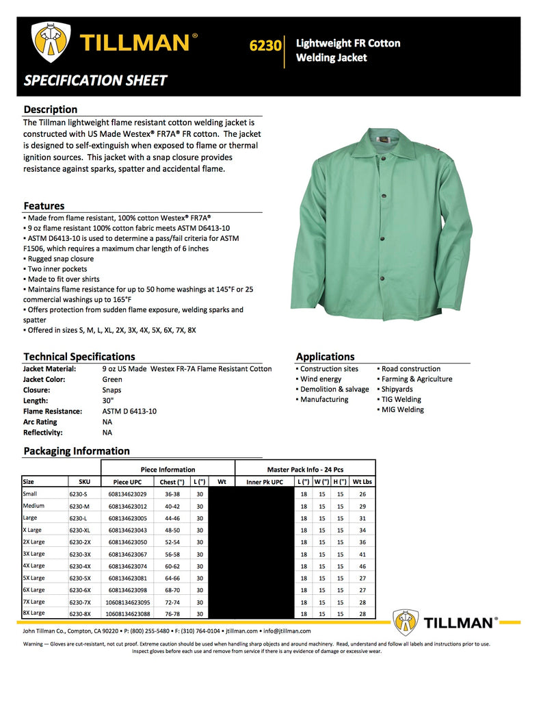 Tillman 6230 Jacket Spec Sheet