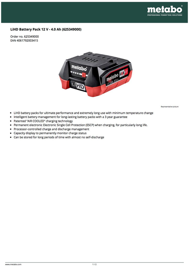 Metabo LiHD Battery Pack 12 V - 4.0 Ah (625349000)