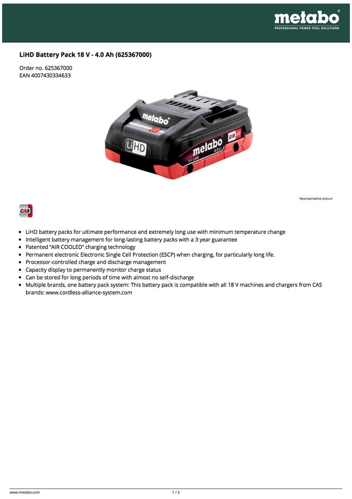 Metabo Battery Pack LIHD 18 V, 4.0 AH - 625367000