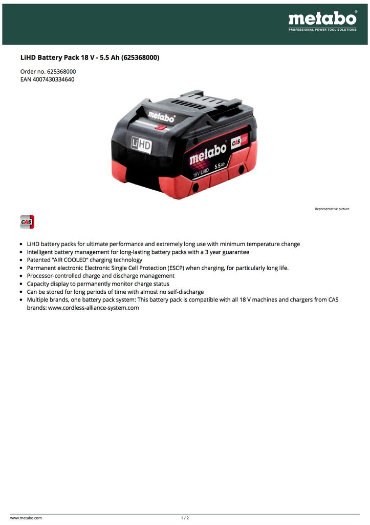 Metabo LiHD Battery Pack 18 V - 5.5 Ah (625368000)