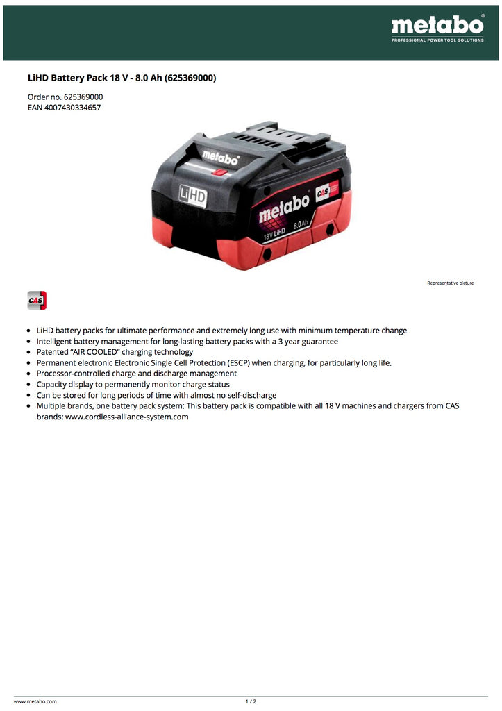 Metabo LiHD Battery Pack 18 V - 8.0 Ah (625369000)