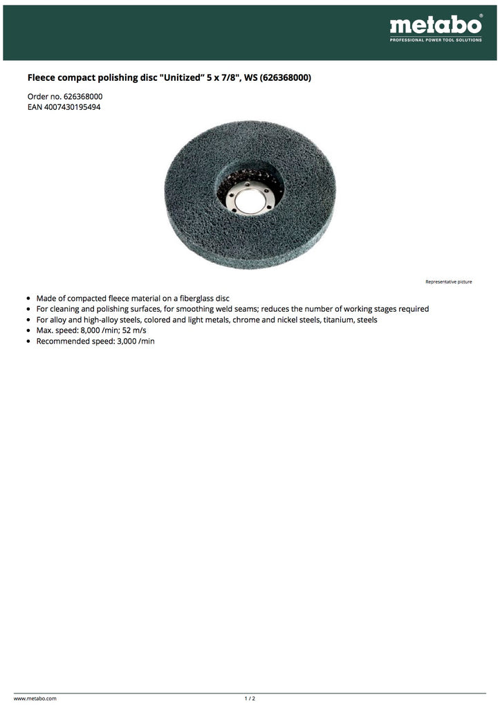 Metabo Fleece compact polishing disc "Unitized” 5 x 7/8", WS (626368000)