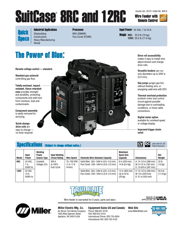 Miller Suitcase 8 RC Wire Feeder Spec Sheet