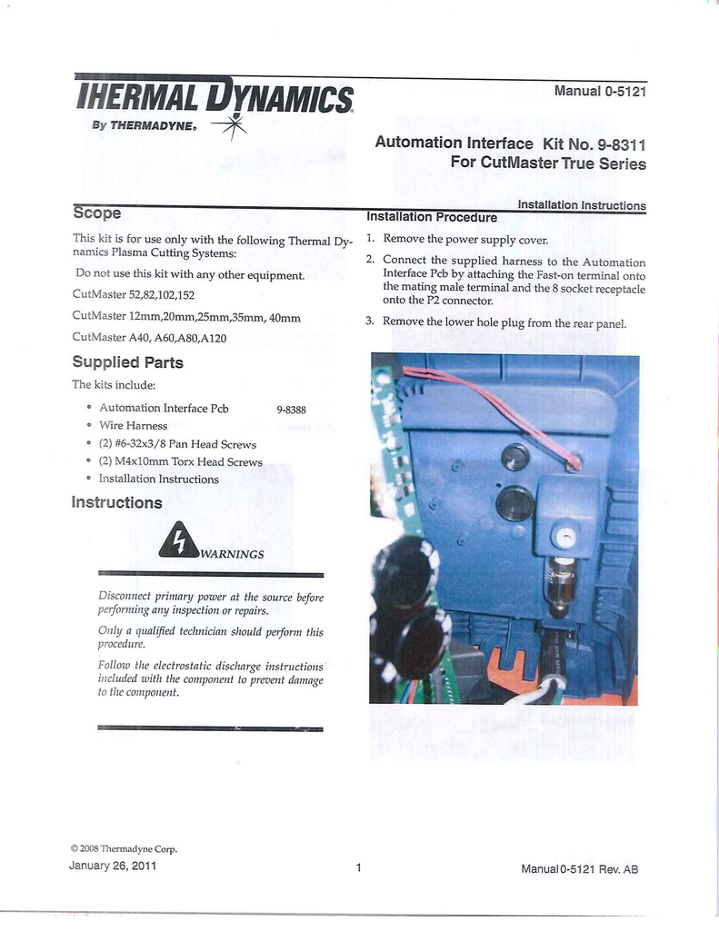 Thermal Dynamics Cutmaster Automation Interface Kit Instructions - 9-8311
