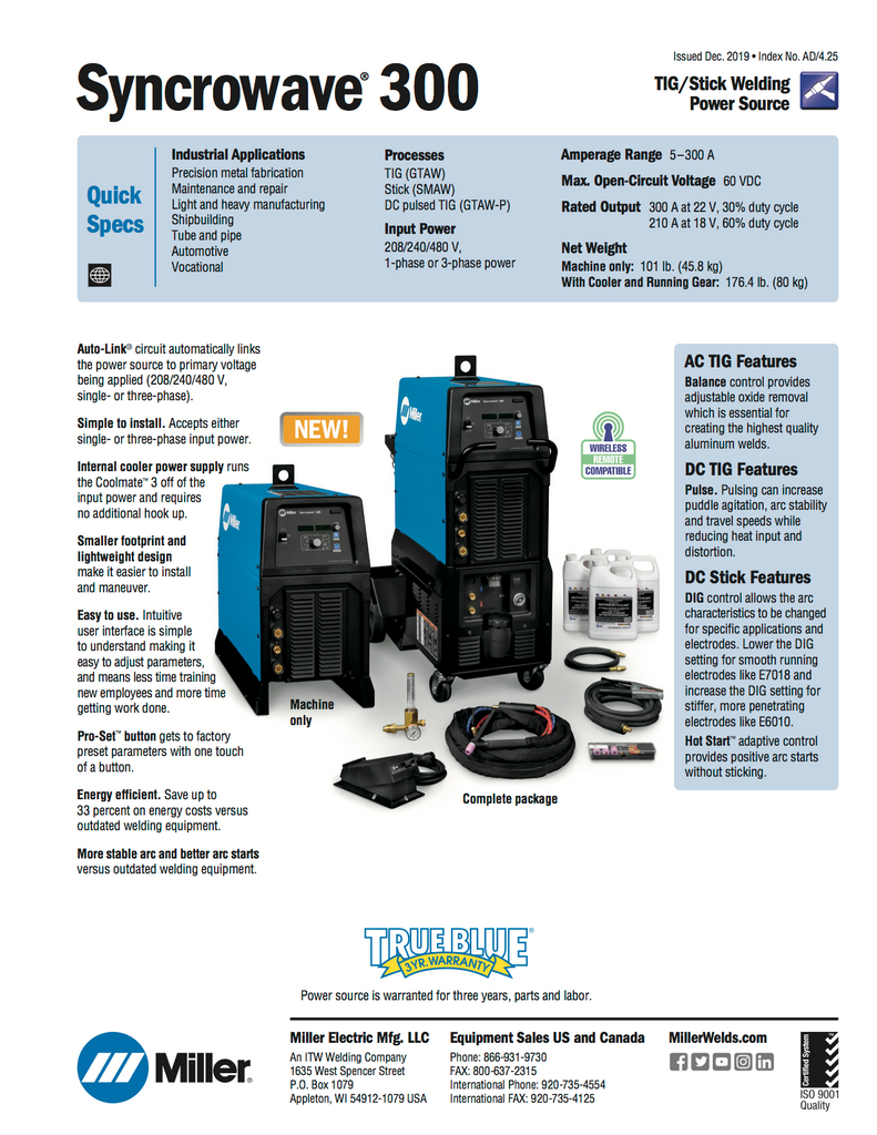 Miller Syncrowave 300 TIG Welder Spec Sheet