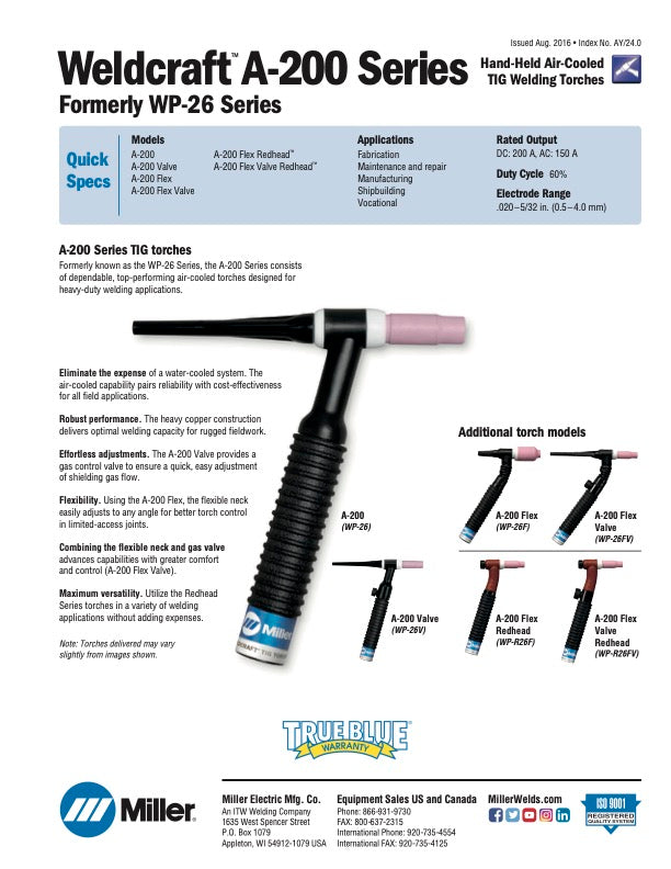 Miller Weldcraft WP-26 200A torch Spec sheet