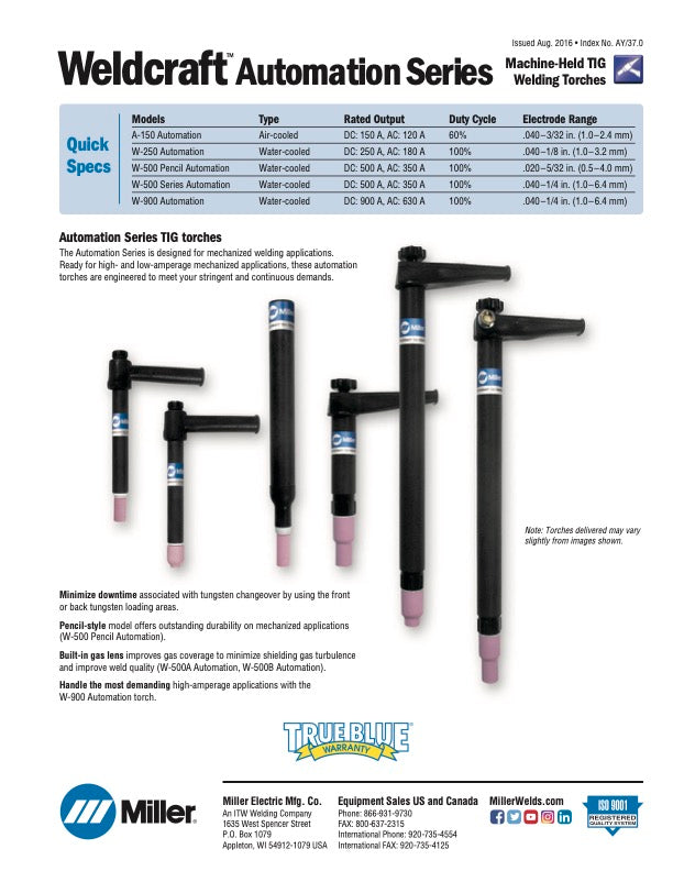 Weldcraft Automated torch spec sheet