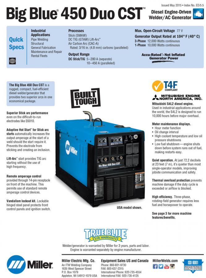 Miller Big Blue 450 Duo Spec Sheet