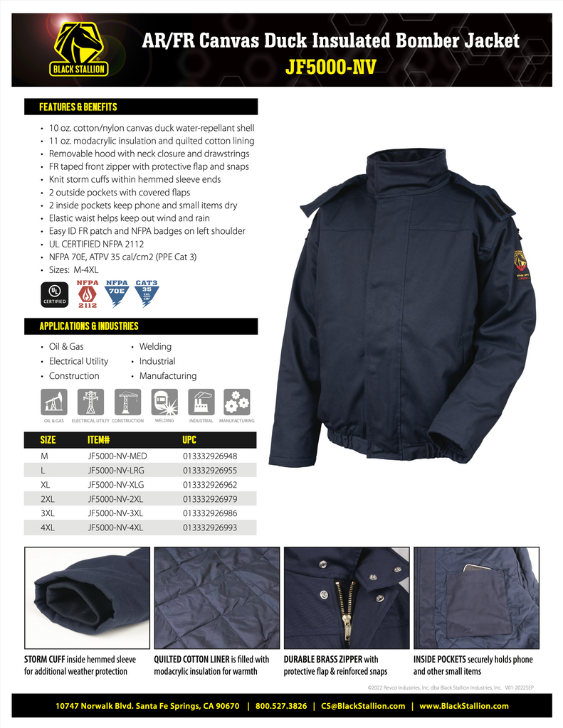 Black Stallion Jacket Spec Sheet