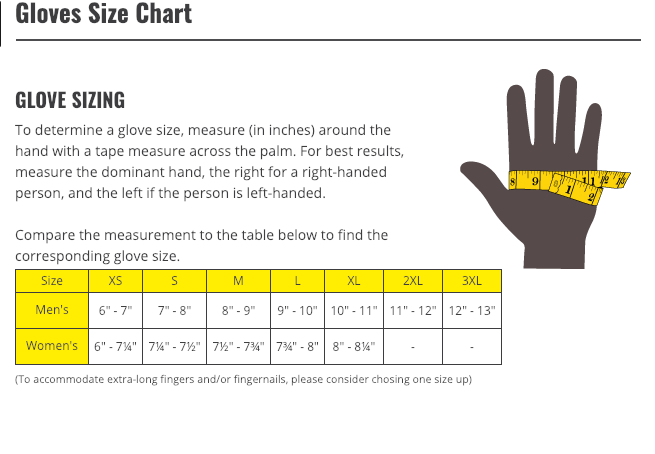 Black Stallion Glove Size Chart