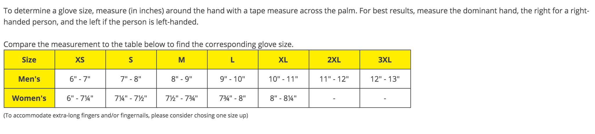 Black Stallion Mens and womens glove sizing chart