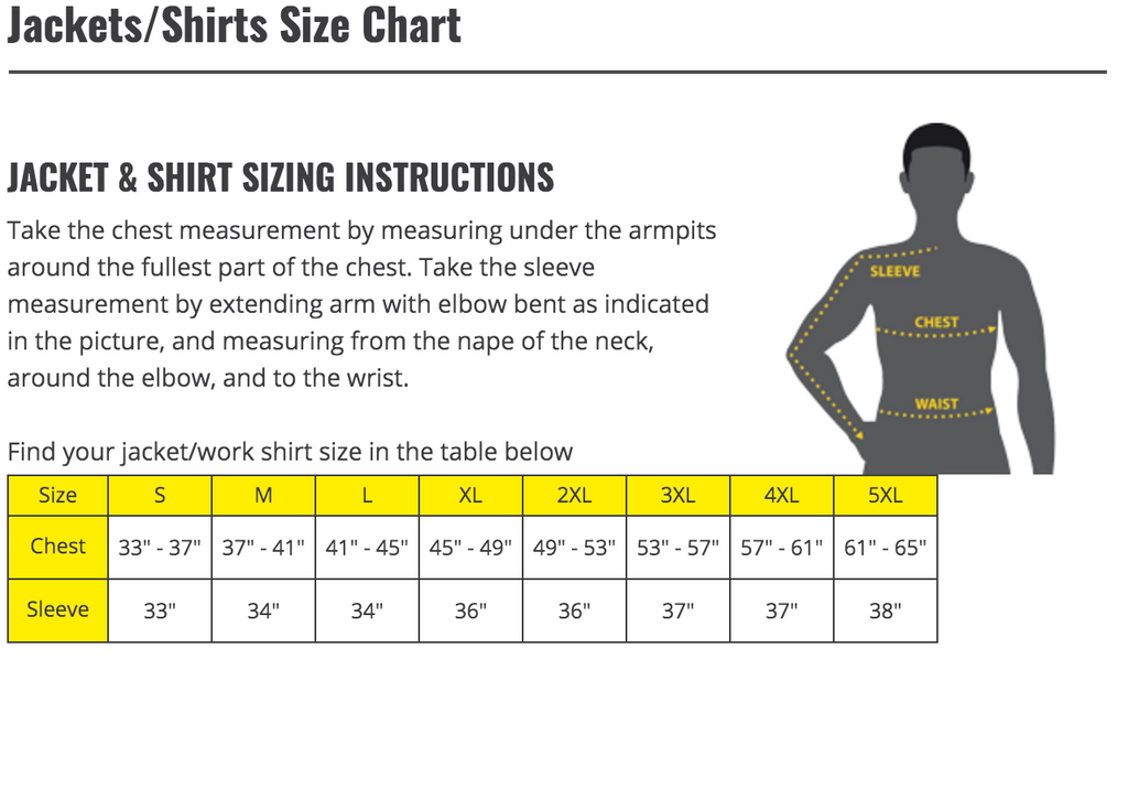 Black Stallion Jacket Size Chart