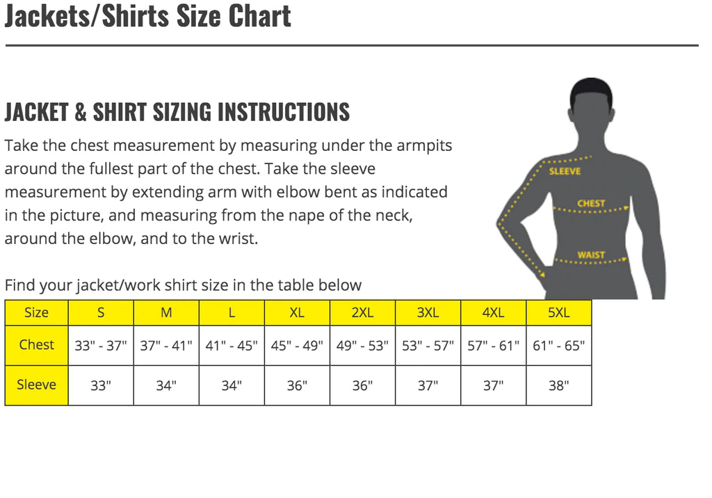 Black Stallion shirt size chart