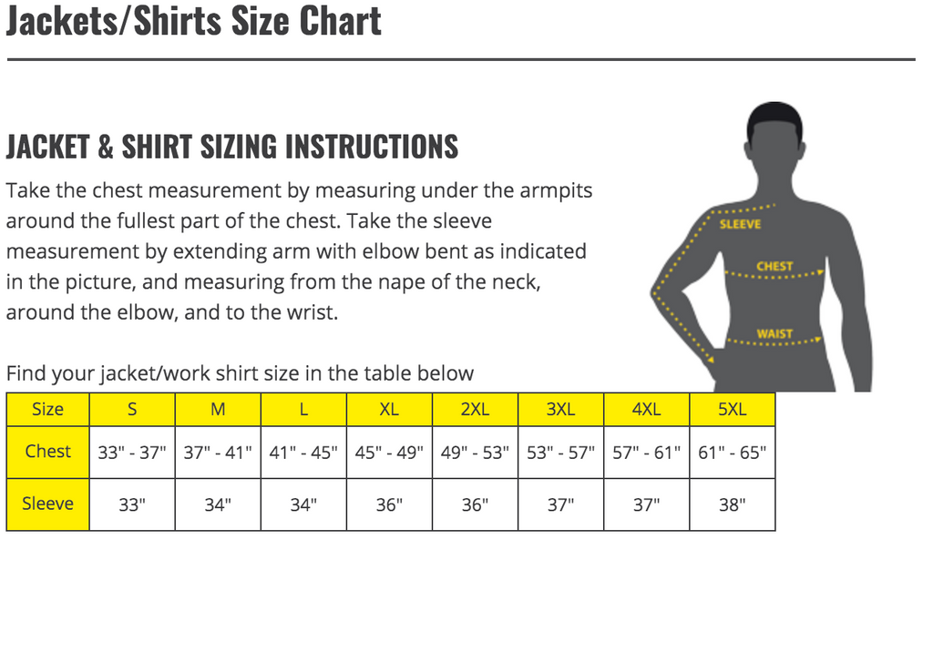 Black Stallion Jacket/Shirt size chart