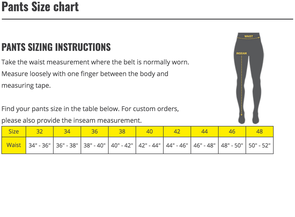 Black Stallion Pants Size Chart