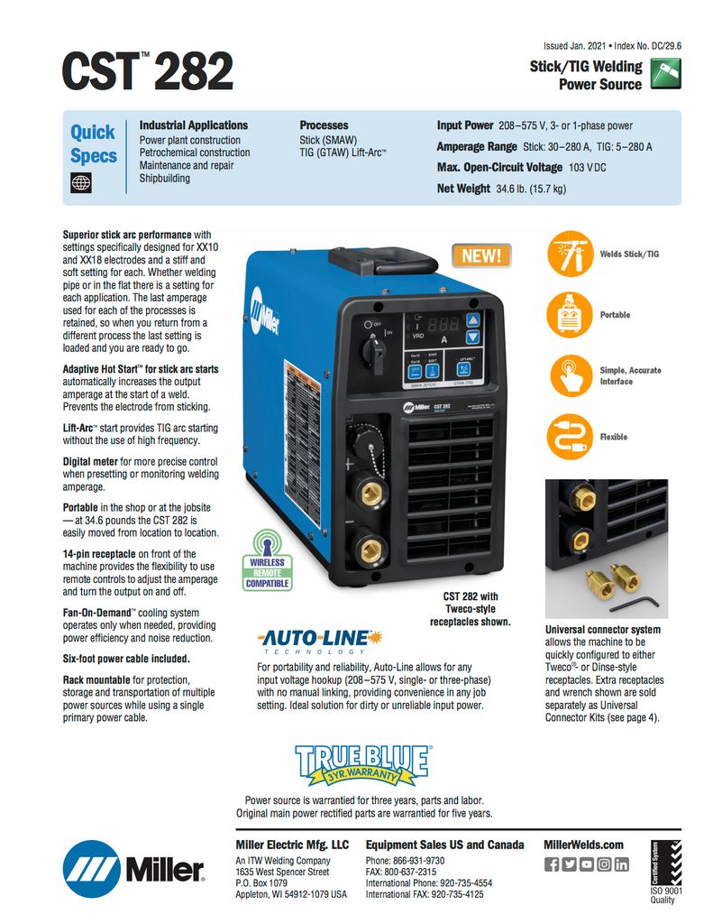 Miller CST Stick/TIG Welder 282 208-575V, Tweco - 907770 Specifications and Data Sheet