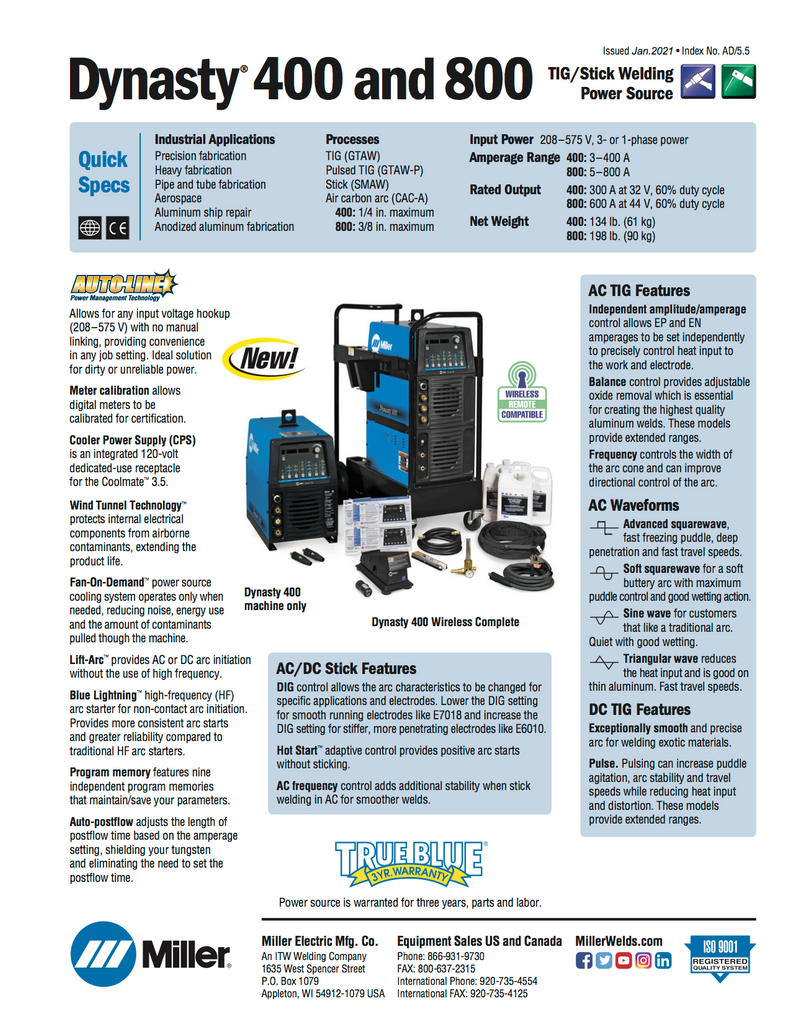 Miller Dynasty 400 Spec Sheet and Data