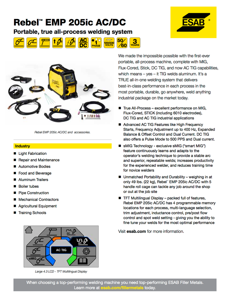 ESAB Rebel 205 AC/DC Spec Sheet