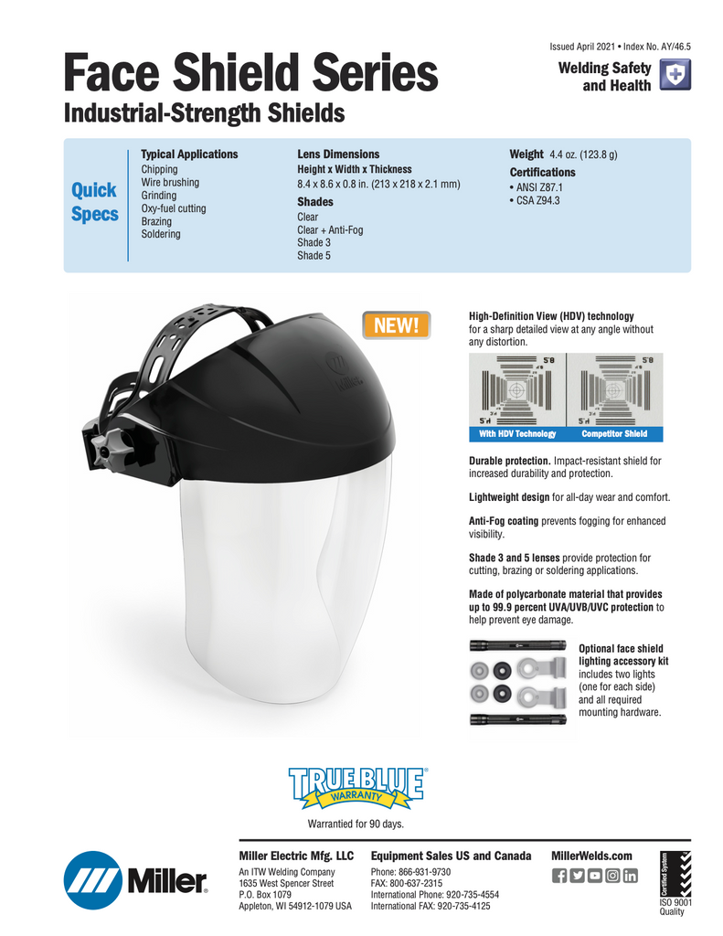 Miller Face Shield - Spec Sheet