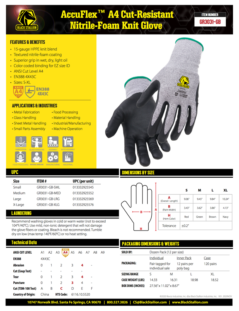 AccuFlex A4 Cut-Resistant Nitrile-Foam Knit Glove - GR3031-GB Specifications and Data Sheet