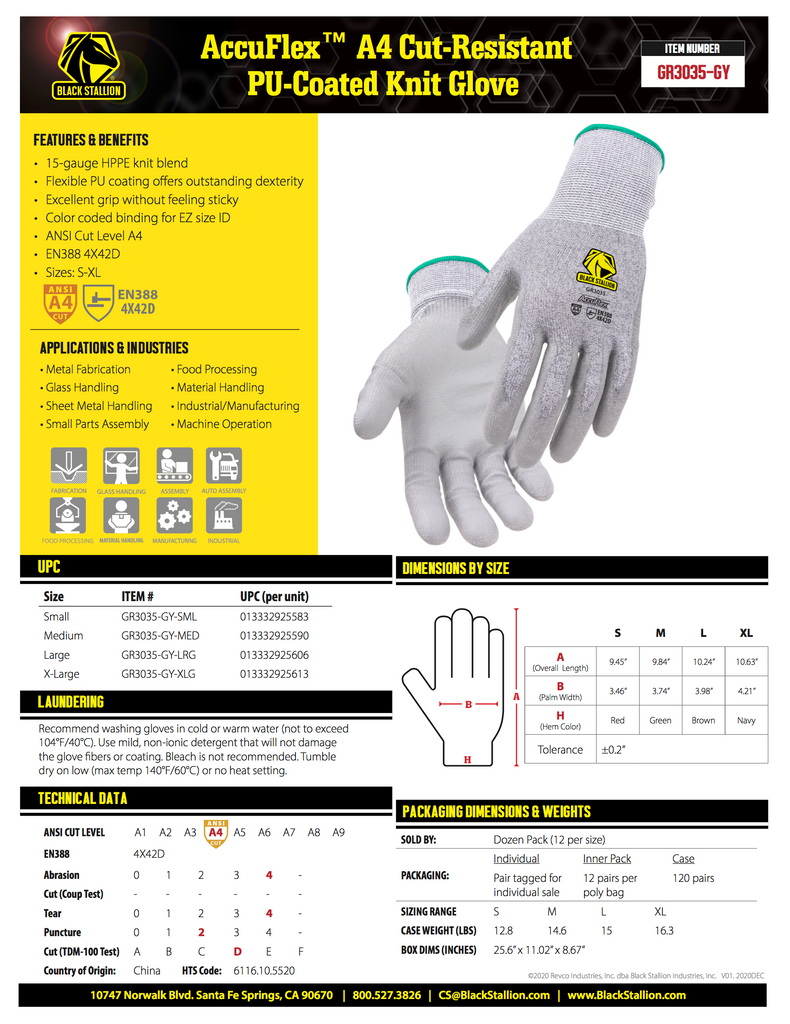 Black Stallion GR3035-GY Gloves Specification Sheet
