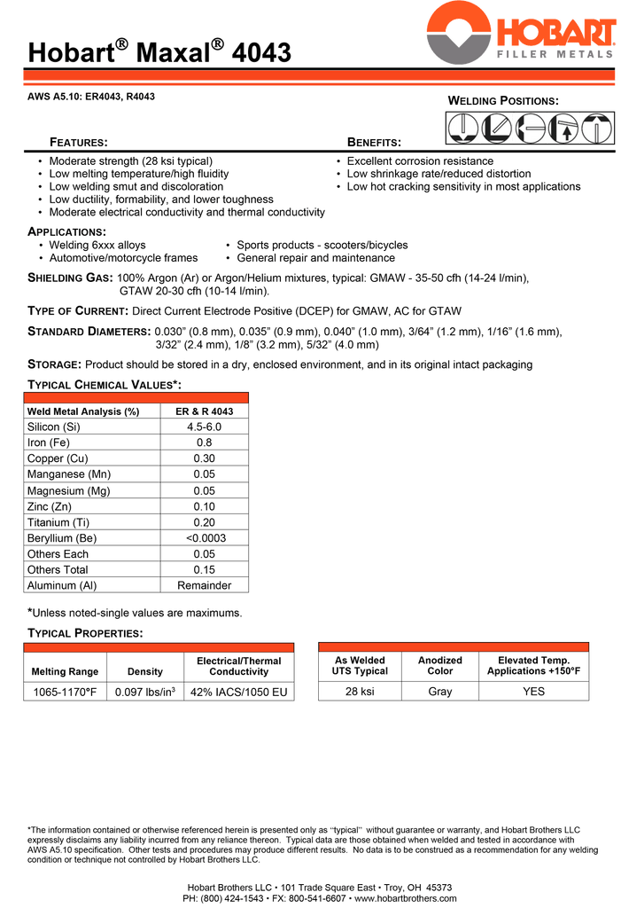 Hobart 4043 Maxal Spec sheet