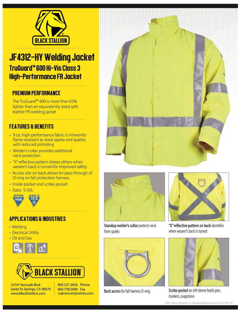 Black Stallion Hi-Vis Welding Jacket Spec Sheet JF4312-HY