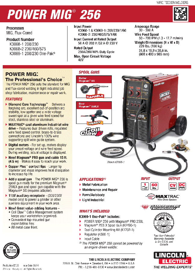 Lincoln Power MIG 256 Spec Sheet