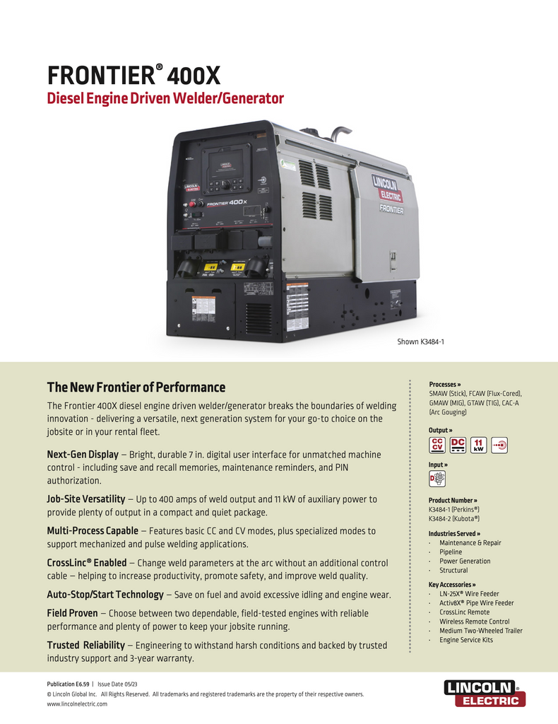 Lincoln Frontier 400X Welder/Generator (Perkins) - K3484-1 Spec sheet