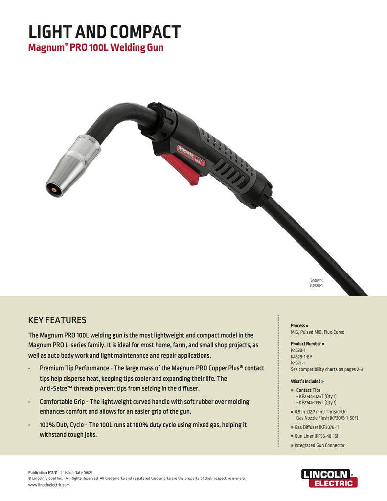 Lincoln Magnum PRO 100L Welding Gun Spec Sheet