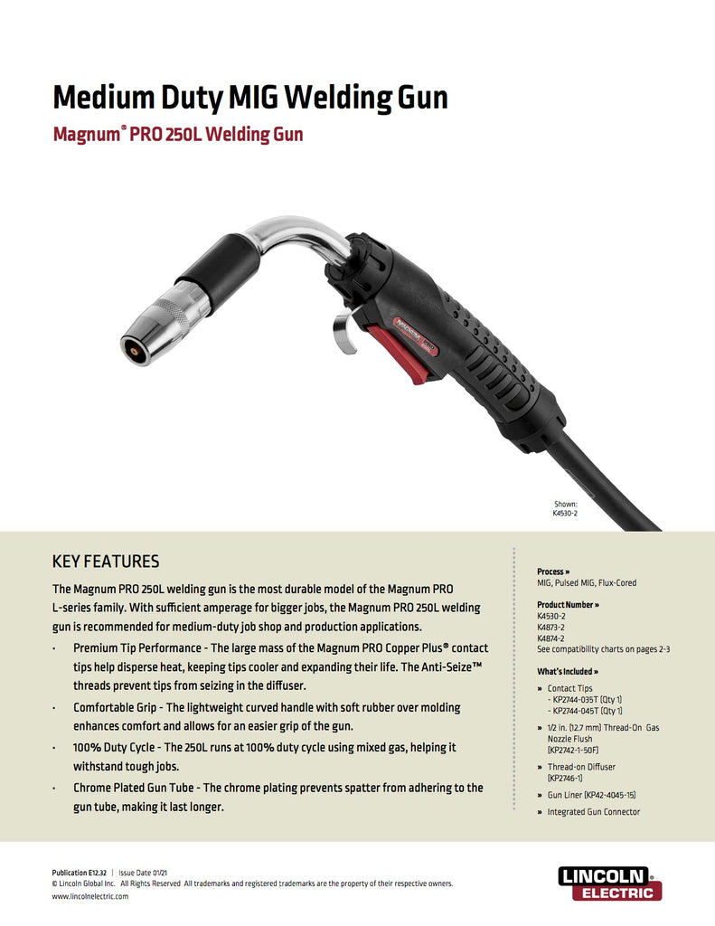 Lincoln Magnum PRO 250L MIG Gun Spec Sheet