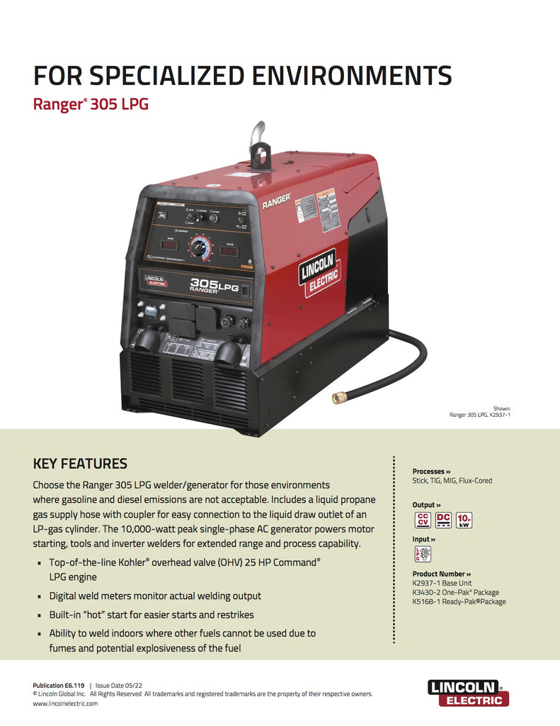 Lincoln Ranger 305 LPG Engine Driven Welder One-Pak Spec Sheet