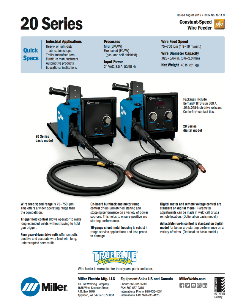 Miller 20 Series Wire Feeder Spec Sheet