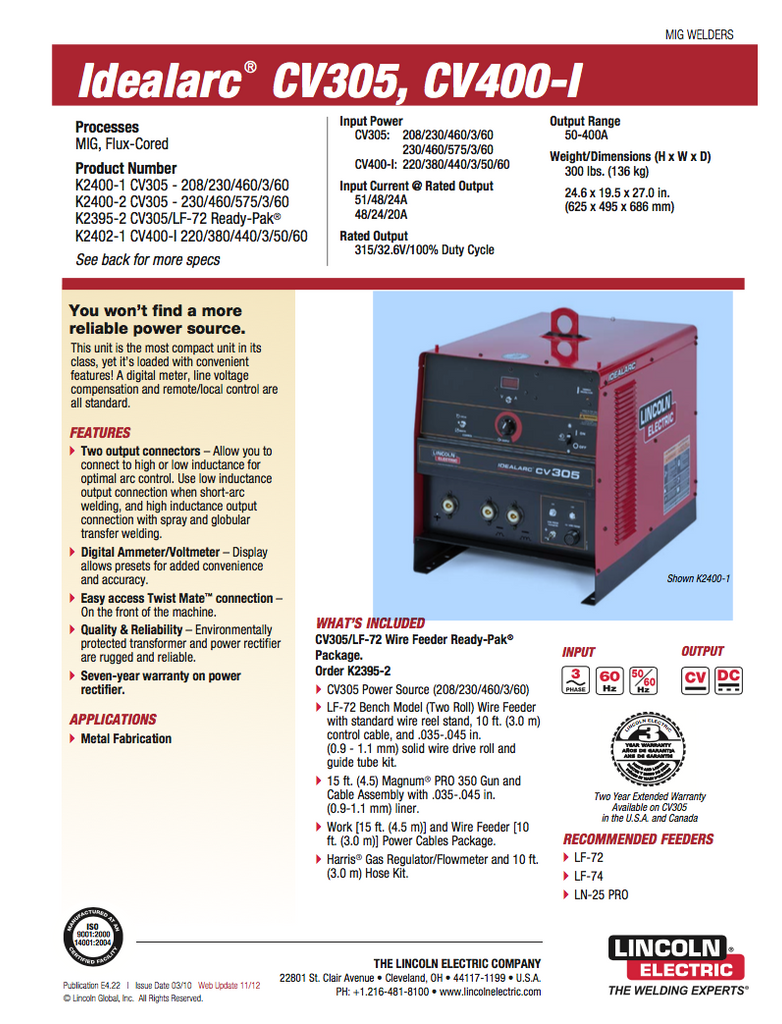 Lincoln CV-305 Spec Sheet