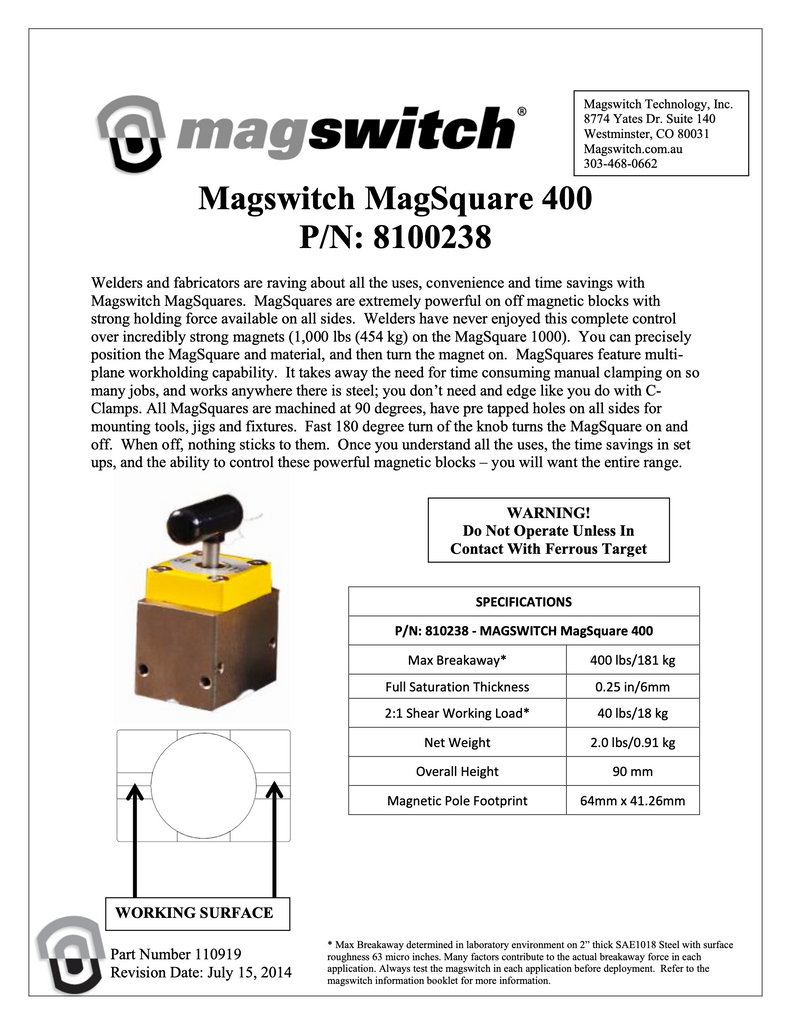 Magswitch MagSquare 400 Spec Sheet