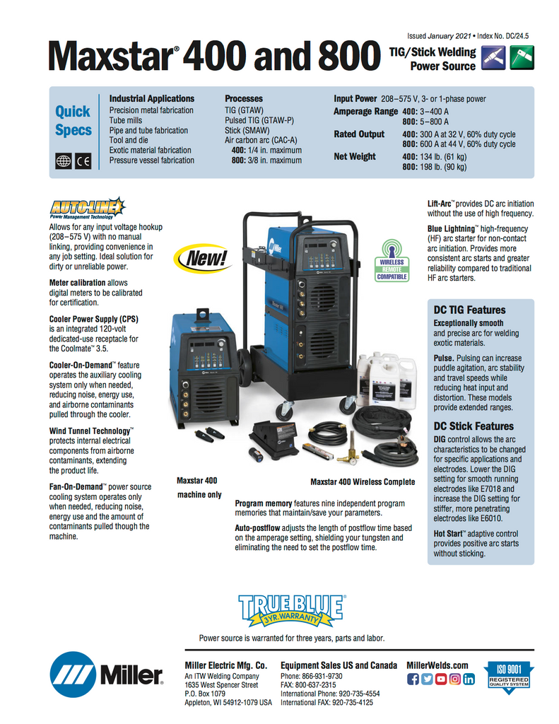 Miller Maxstar 400 TIG Welder Complete Package Spec Sheet and Data