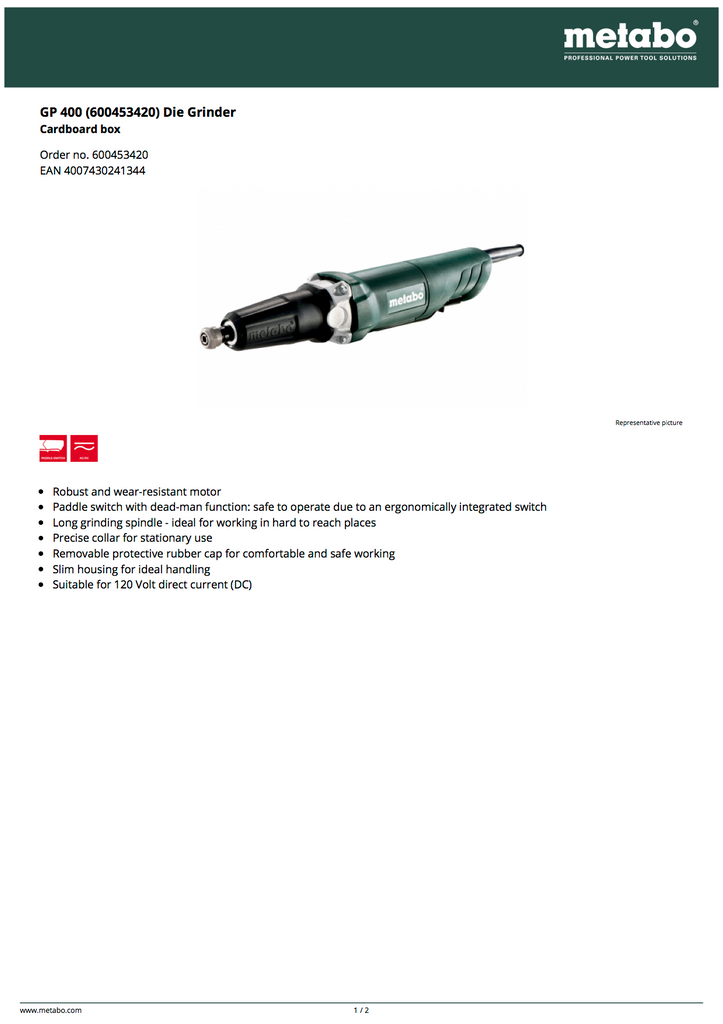 Metabo 600452420 Die Grinder Spec Sheet