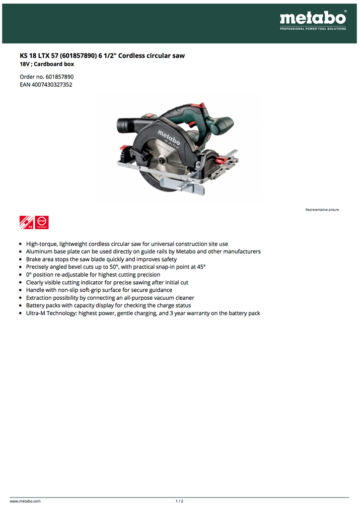 Metabo KS 18 LTX 57 6 1/2" Cordless Circular Saw - 601857890